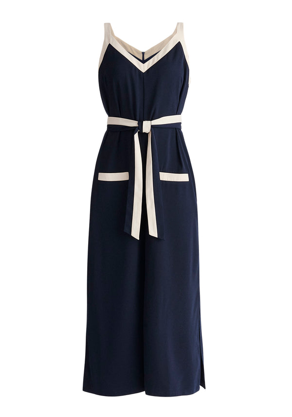 Paisie Contrast Colour Jumpsuit in Navy and Cream Cut Out